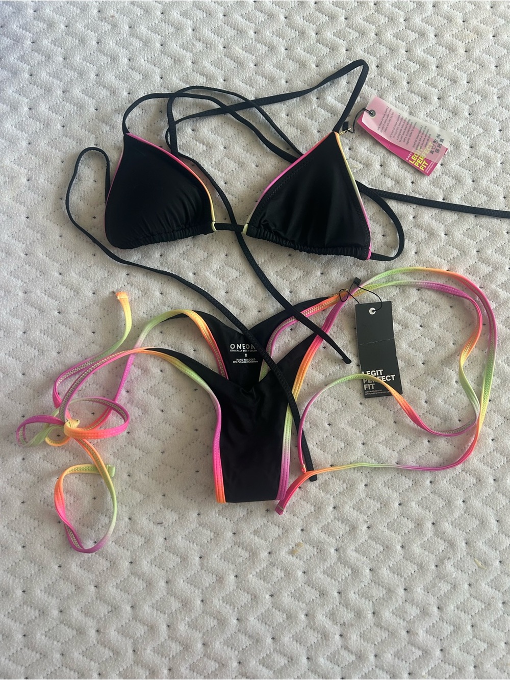 ONEONE swim Black Triangle Thong Bikini with Neon Trim